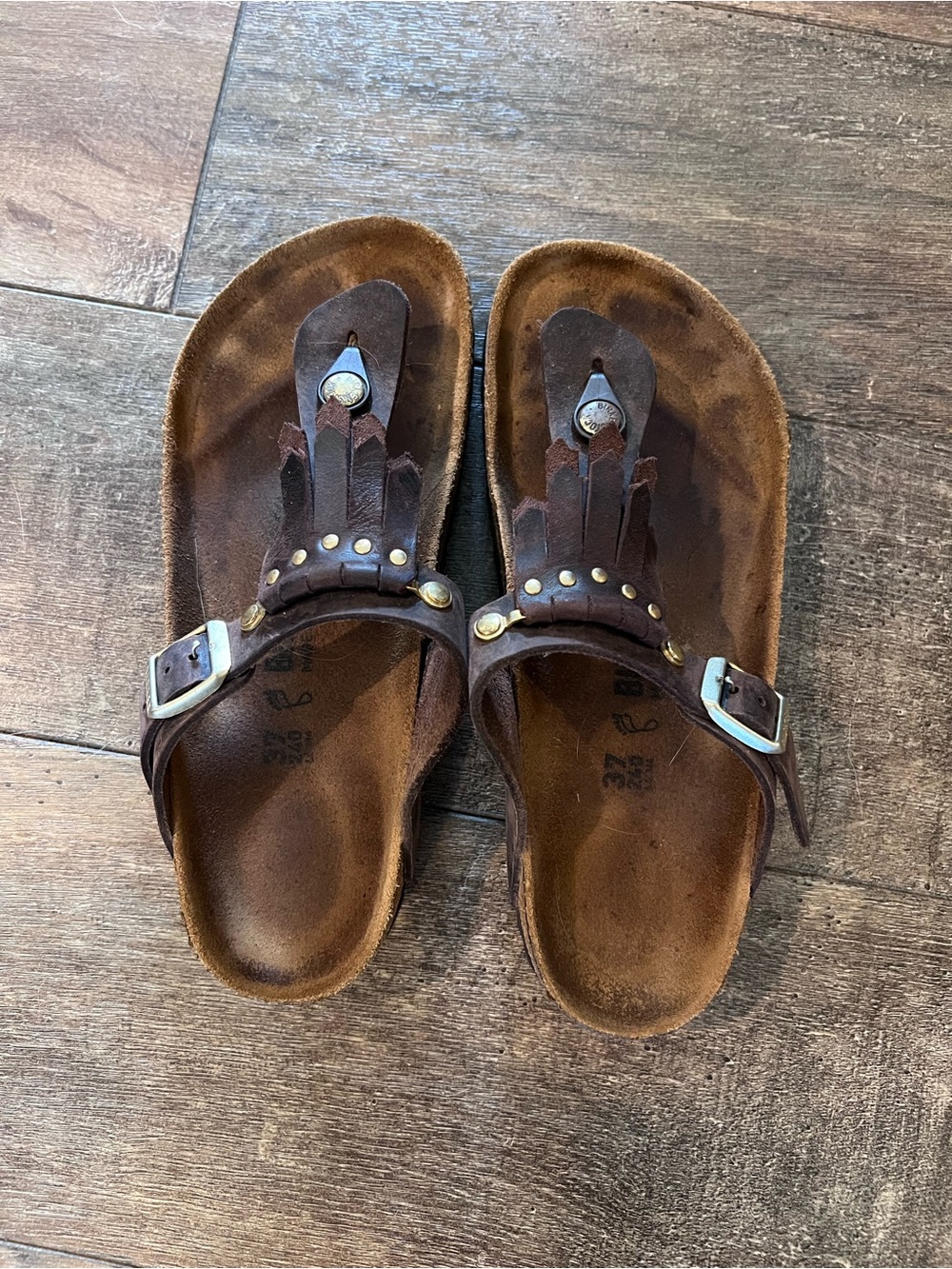 Birkenstock Brown Leather Studded Thong Sandals